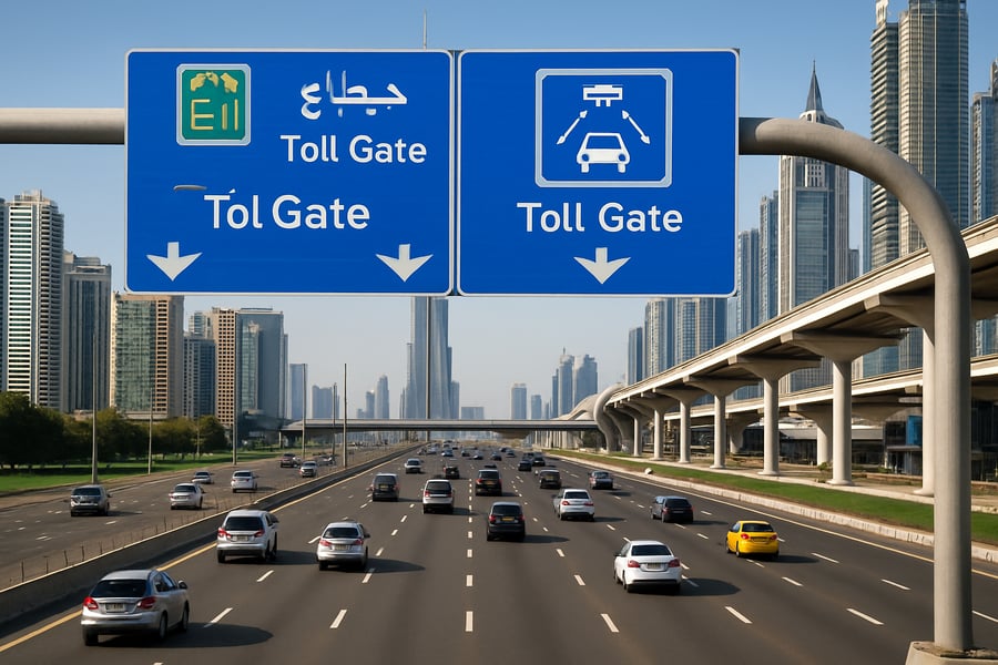 Dubai highway with smooth traffic and toll road signs