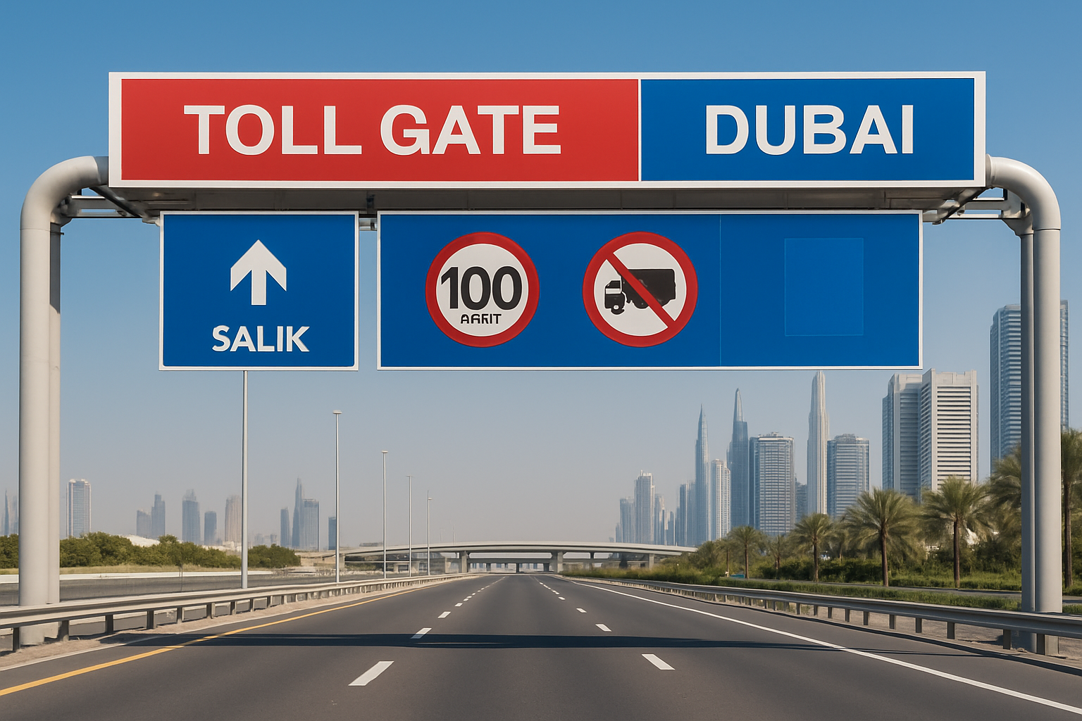 Modern Dubai toll gate system with clear signage